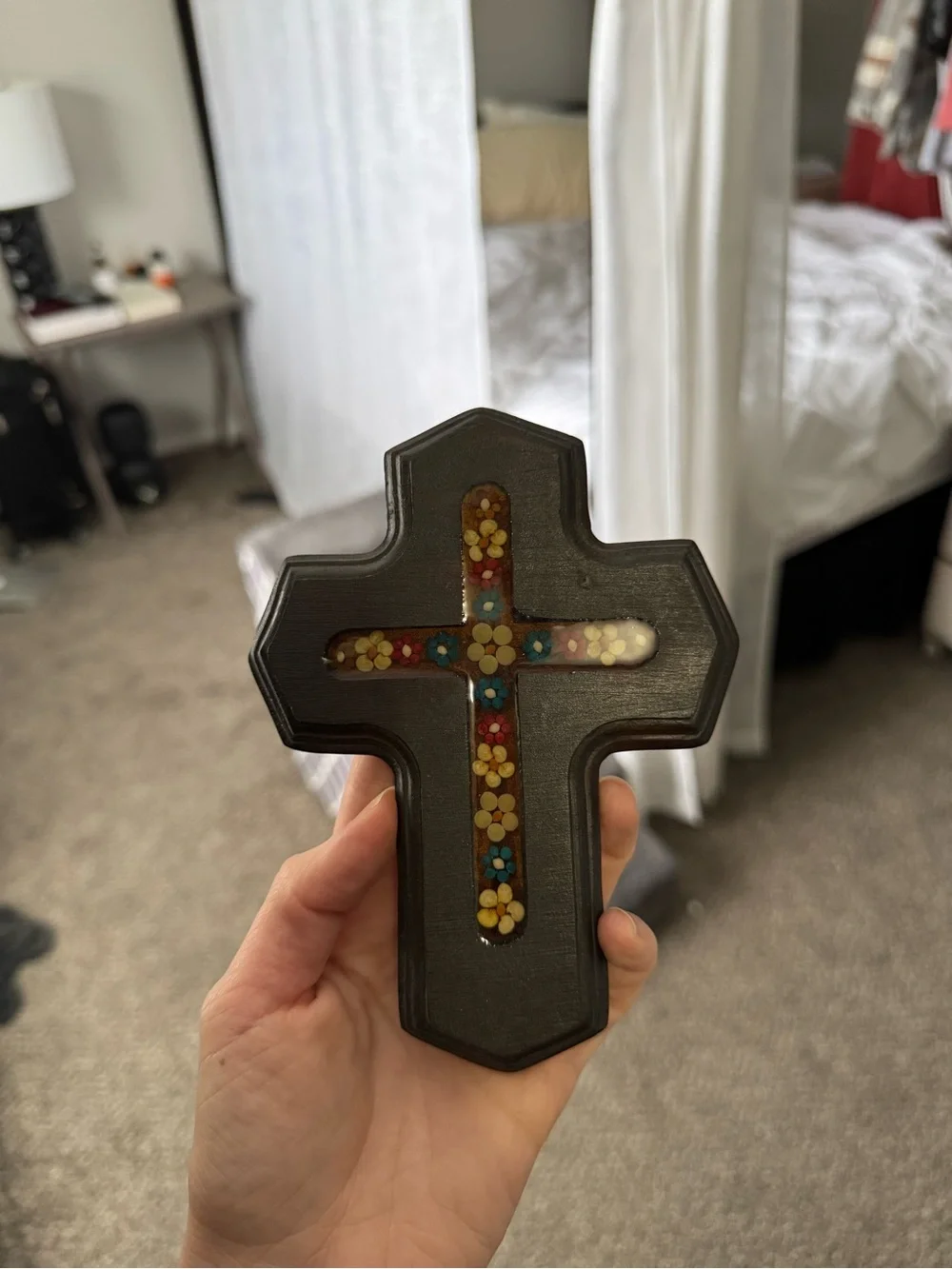 Wooden Cross with Floral Inlay